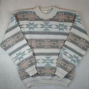 Bachrach Sweater Men's Wool Blend Vintage Aztec Floral Knit Cream/Grey/Blue